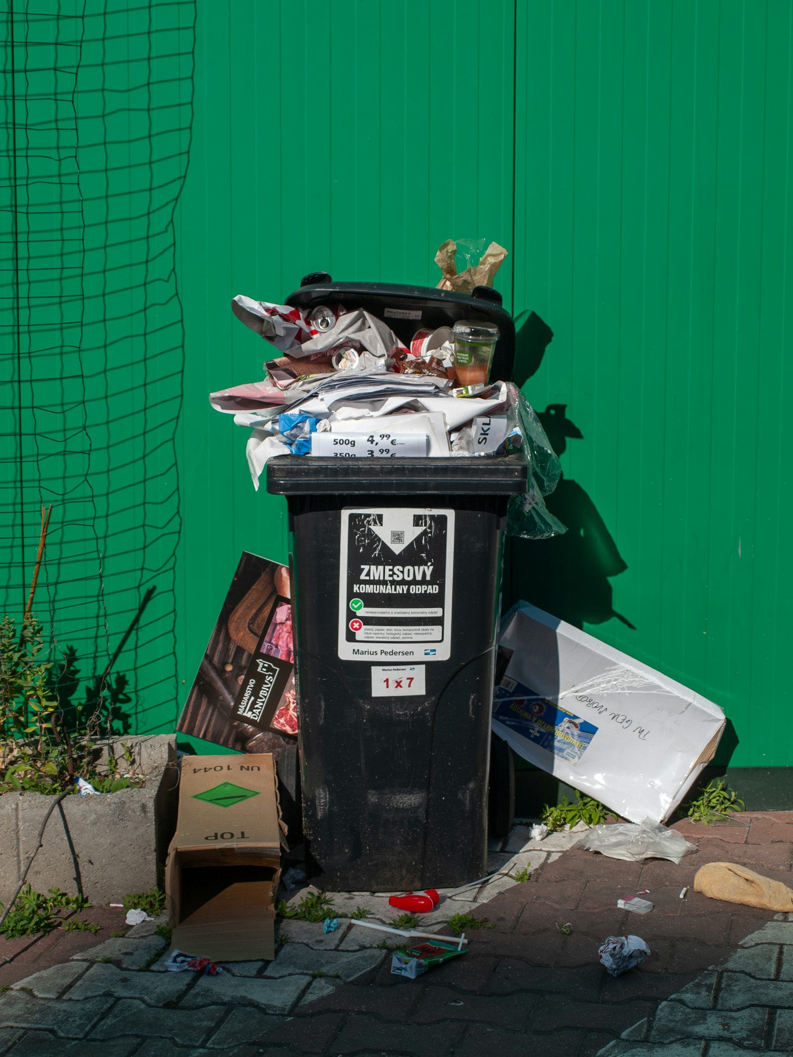 A neglected curbside bin overflowing with garbage and surrounded by litter